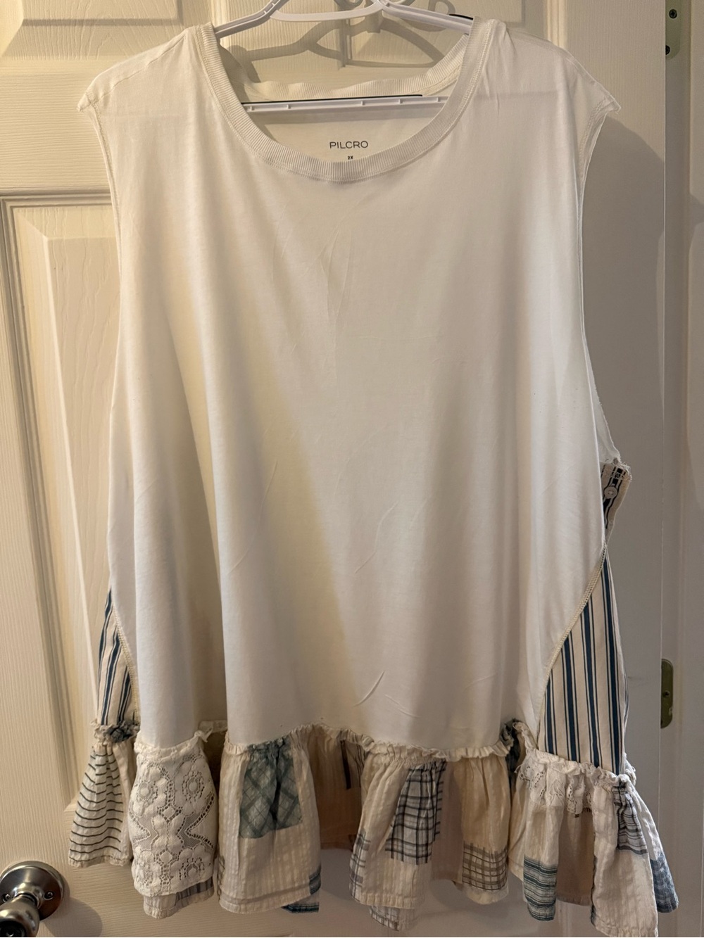 Anthropologie Cream Babydoll Muscle Tank tunic with Patchwork Ruffle - Picture 3 of 3